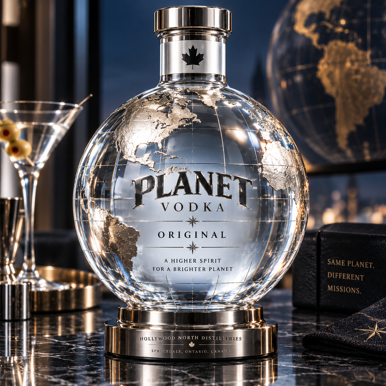 Planet Vodka Original in its globe decanter beside a martini