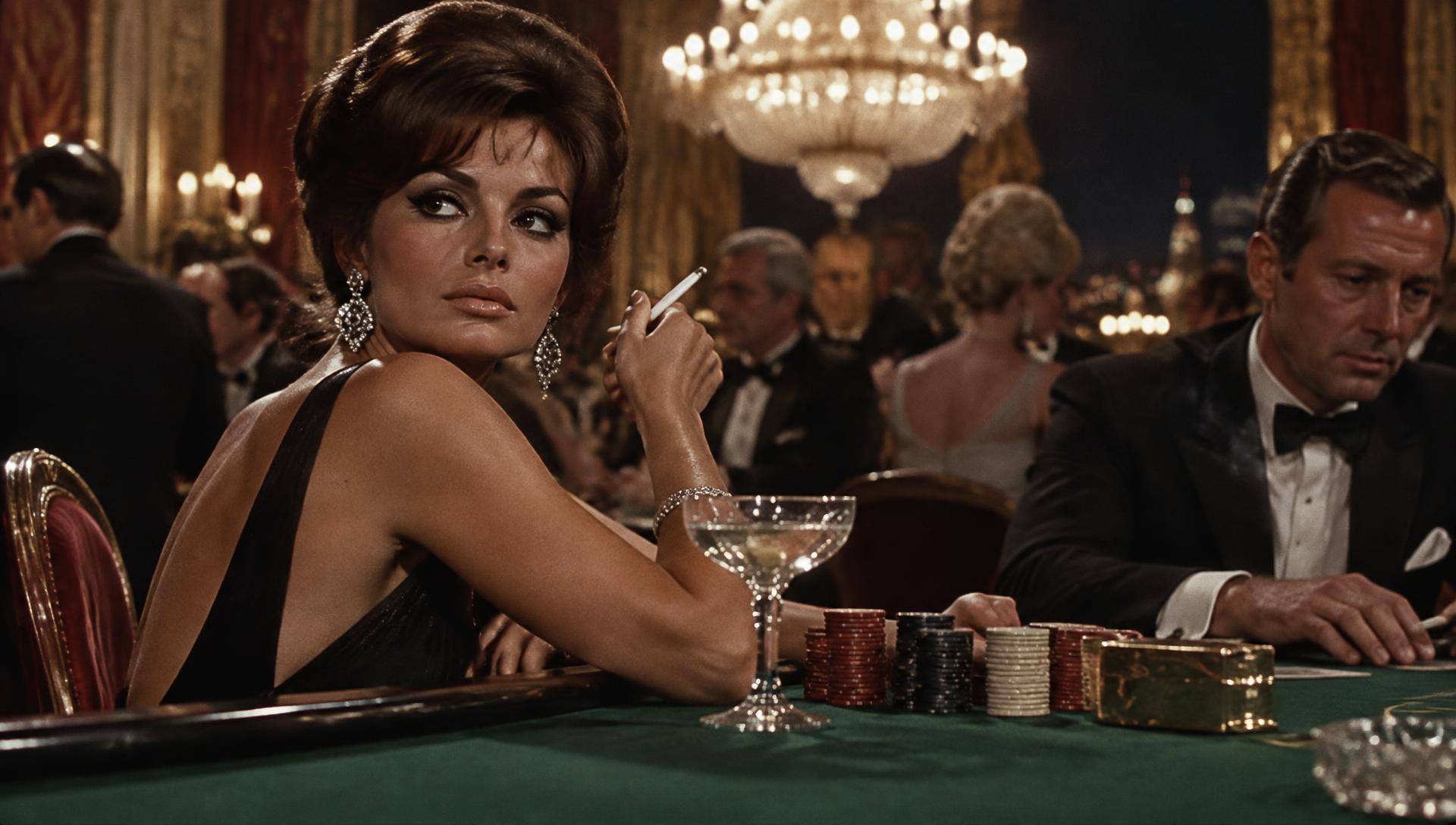 A casino floor at night, chips and a martini under low light