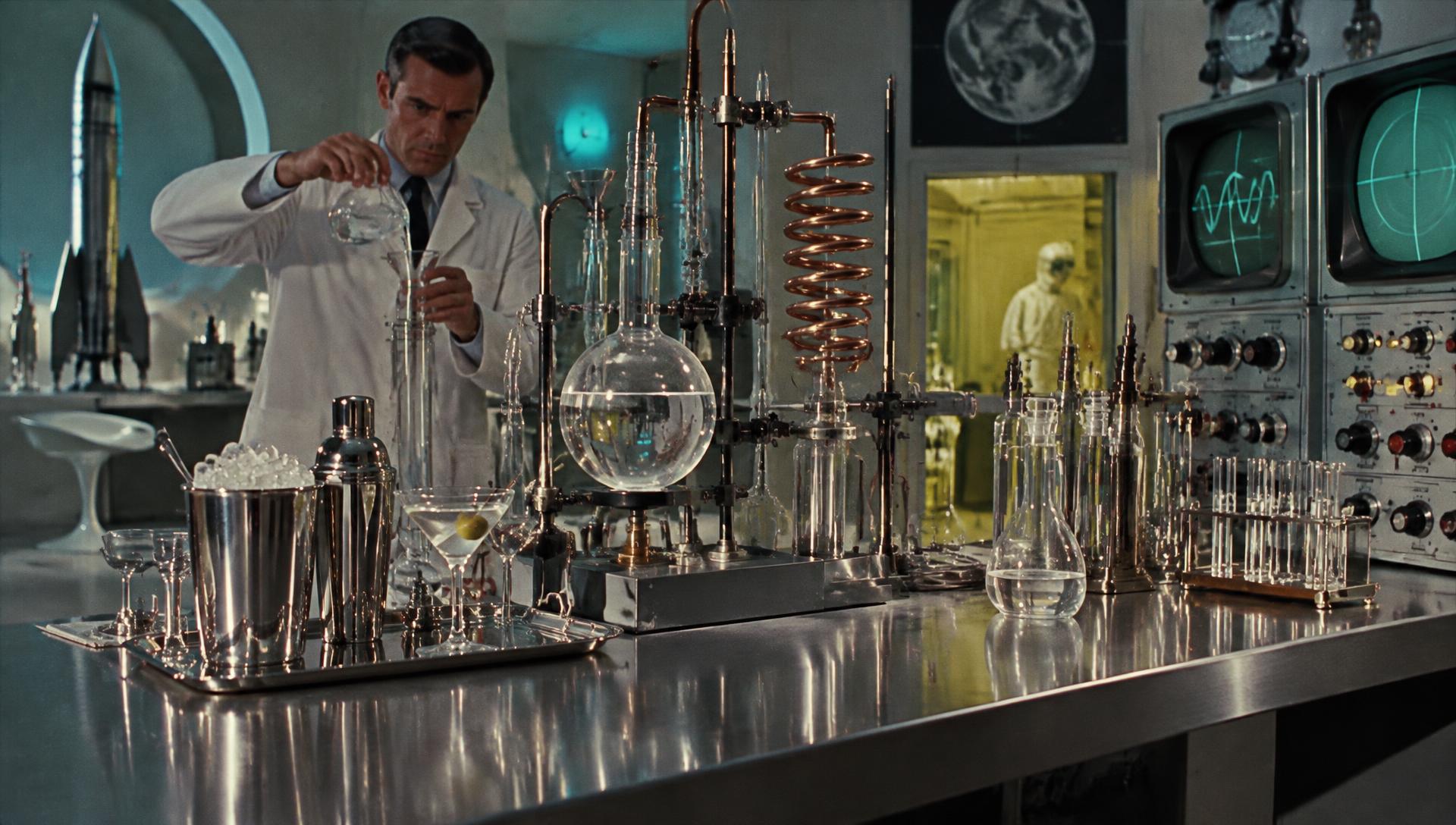 A 1969 laboratory of glassware and copper coils